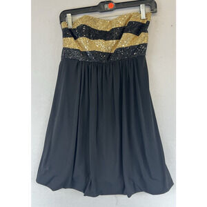 Jessica McClintock Gunne Sax 3 Y2K Black Gold Sequin Strapless Mini Dress Retro